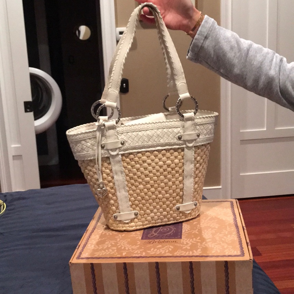 Brighton Straw & White Leather Tote Purse